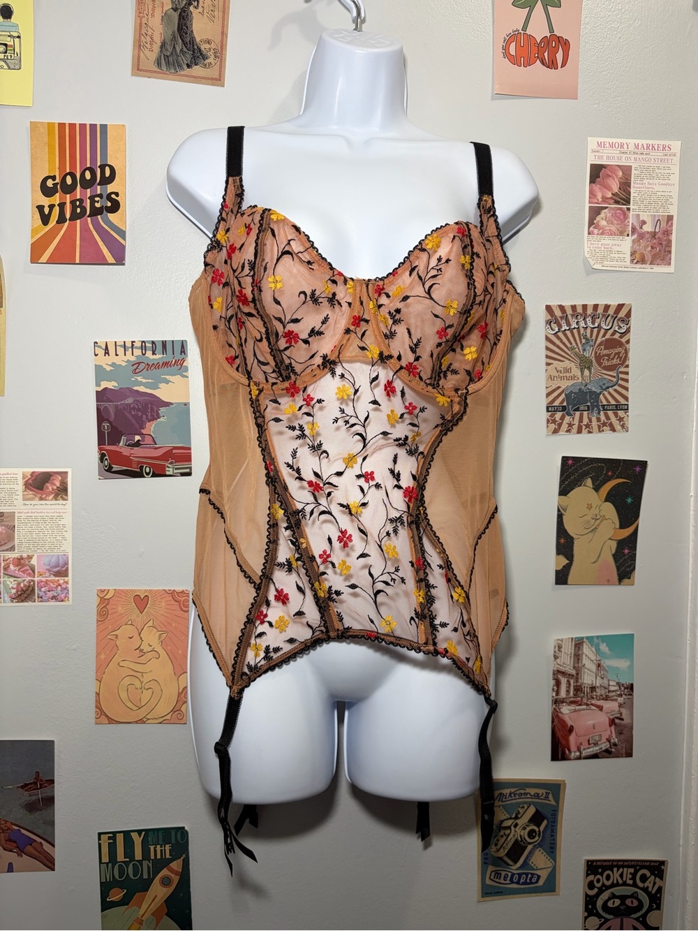 Adore Me Tan Sheer Floral Embroidered Bustier with Black Straps